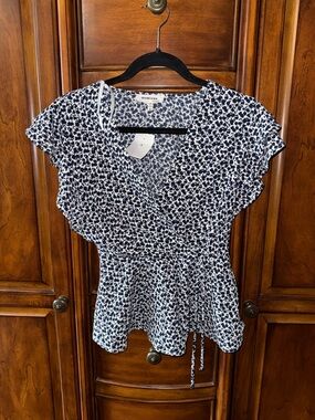NWT Navy and White Floral Wrap Blouse